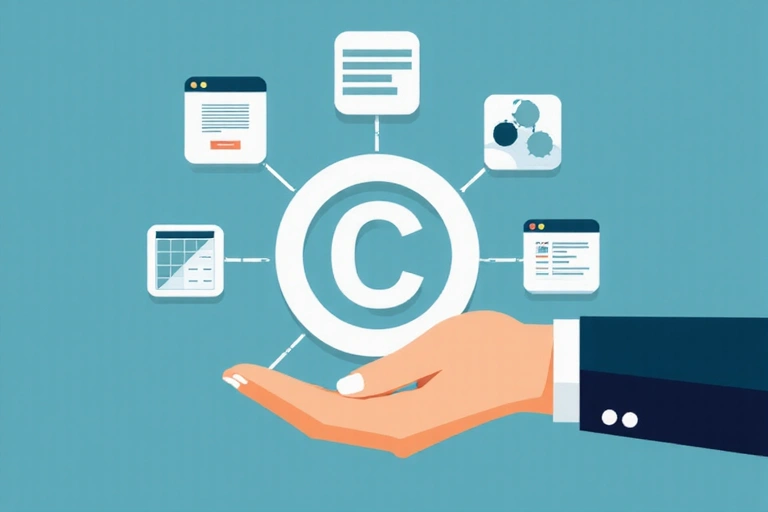 Una mano sosteniendo un símbolo de derechos de autor digitalmente, con iconos de texto, imágenes y códigos de diseño flotando alrededor.