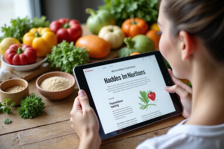 Una persona leyendo un artículo sobre nutrición en una tableta, rodeada de alimentos saludables.