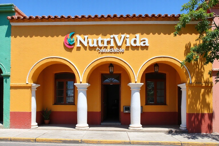 Fachada exterior de la oficina de NutriVida Saludable en Mérida, con arquitectura colonial y un toque moderno