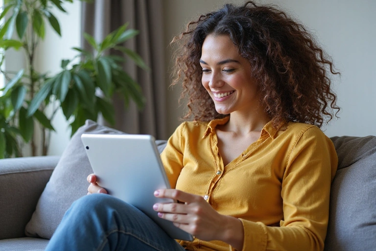 Mujer joven sonriendo mientras reserva una cita en línea en una tablet