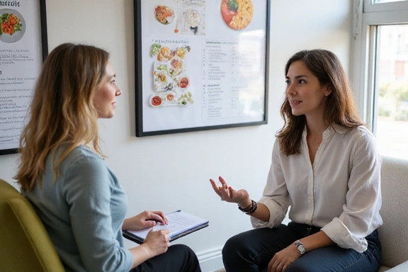 Nutricionista explicando un plan de dieta a un paciente en una consulta individual.