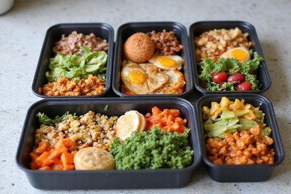 Una variedad de comidas saludables y coloridas preparadas en recipientes para llevar, mostrando planificación y preparación de alimentos.