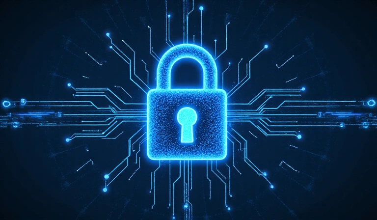 Ilustración de un candado digital con datos fluyendo de forma segura a su alrededor