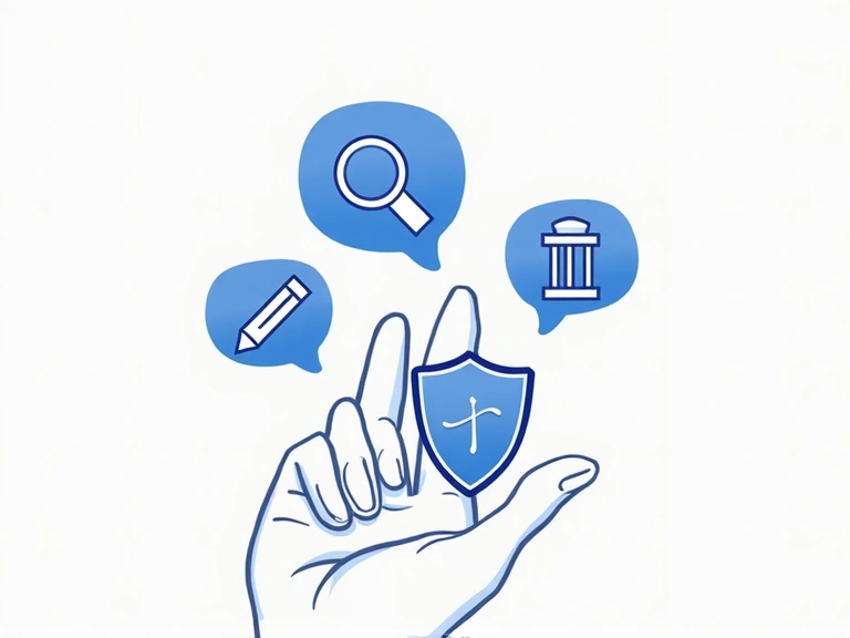 Ilustración de una mano con varios iconos en forma de burbuja: una lupa para acceso, un lápiz para corrección, una papelera para eliminación, y un escudo para protección.