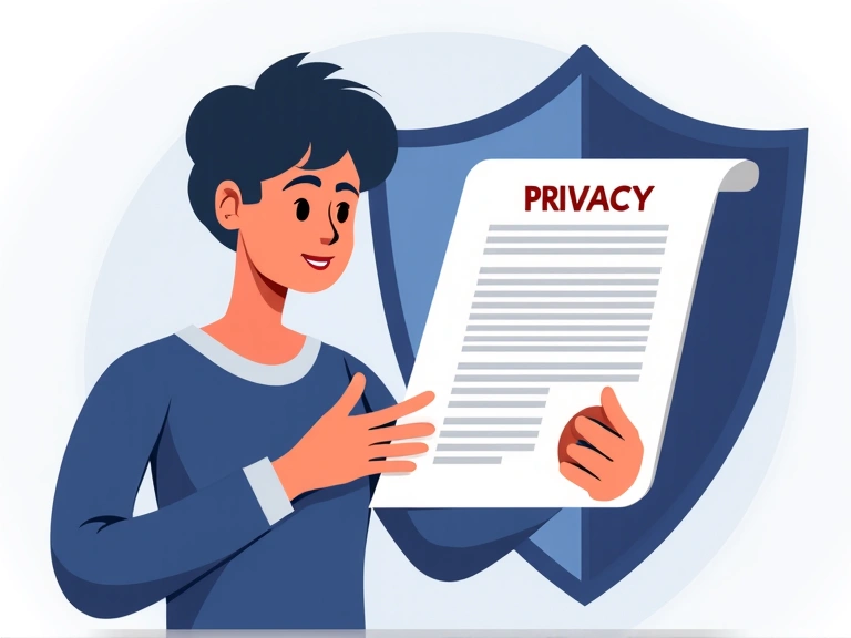 Ilustración de una persona leyendo un documento de privacidad con un escudo de protección de datos.