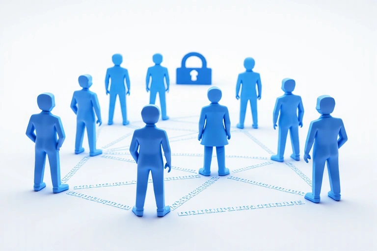 Ilustración de varias personas conectadas por líneas tenues, simbolizando la compartición de datos con proveedores de servicios de forma segura y controlada.