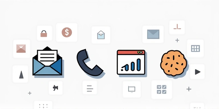 Ilustración de varios iconos que representan diferentes tipos de datos: un sobre para email, un icono de teléfono, un gráfico de barras para uso de datos y una galleta para cookies.