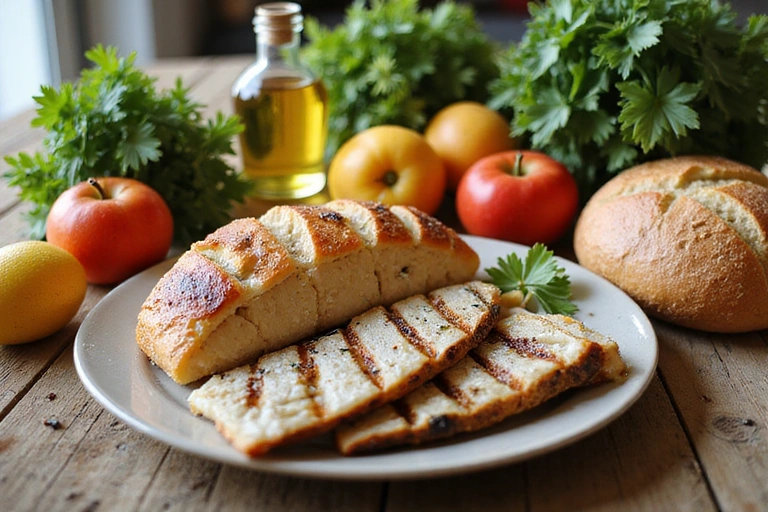 Mesa con una variedad de alimentos saludables que representan la dieta mediterránea: aceite de oliva, verduras frescas, frutas, pescado y pan integral.