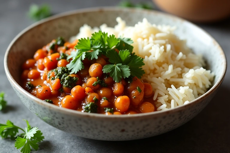 Un plato de curry de lentejas con espinacas y arroz basmati, espolvoreado con cilantro fresco, en una presentación cálida y acogedora.