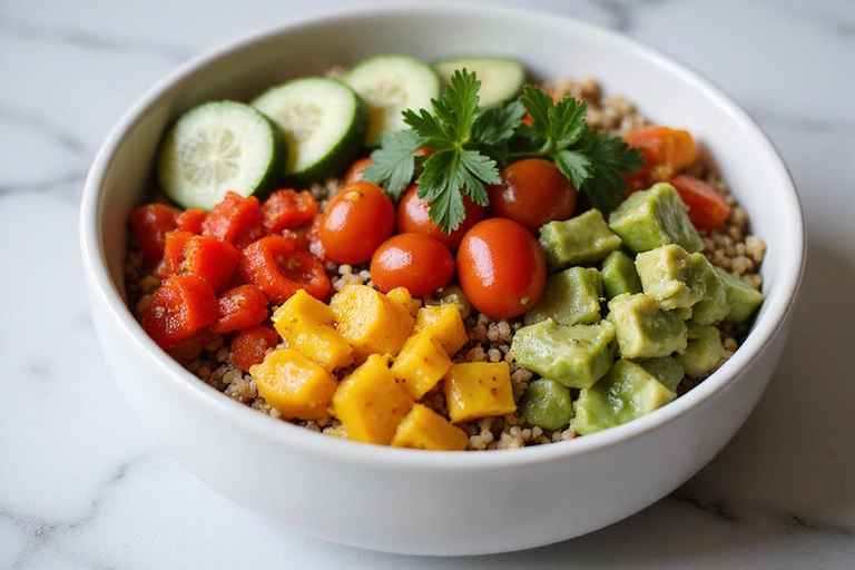 Un vibrante tazón de ensalada de quinoa con pimientos de colores, pepino, tomates cherry, aguacate y cilantro fresco, con un aderezo ligero.