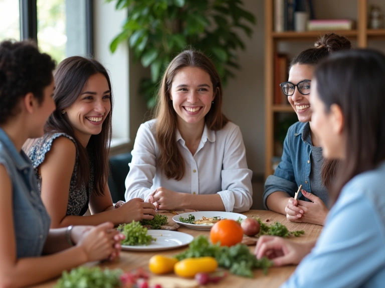 Grupo de personas sonrientes participando en un taller de nutrición interactivo.