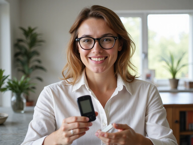 Mujer sonriente midiendo su glucosa en sangre, simbolizando el manejo de la diabetes con nutrición.