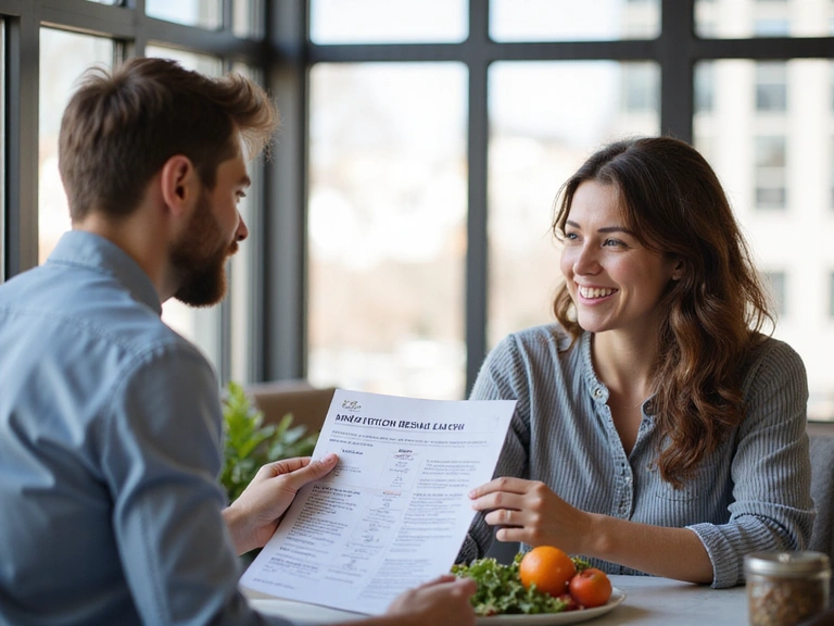 Nutricionista explicando un plan de alimentación a un paciente en una consulta.